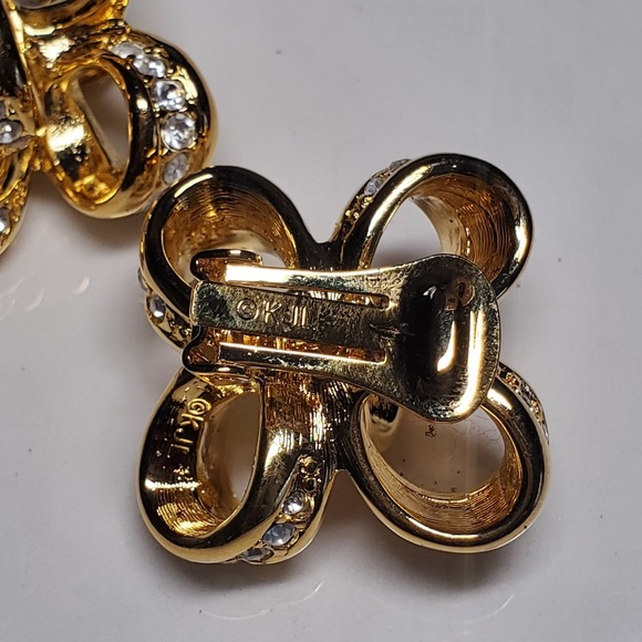 Kenneth J Lane KJL Gold Plated Bow Clip-On Earrings Rhinestone Floral Design - Picture 5 of 7
